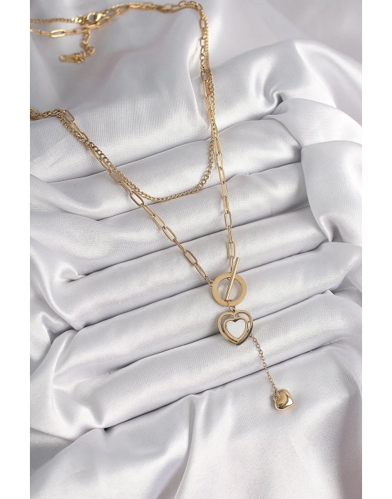 MuI MuI 316L Çelik Gold Renk 2Li Zincir Model Sallantı Detay Kadın Kolye