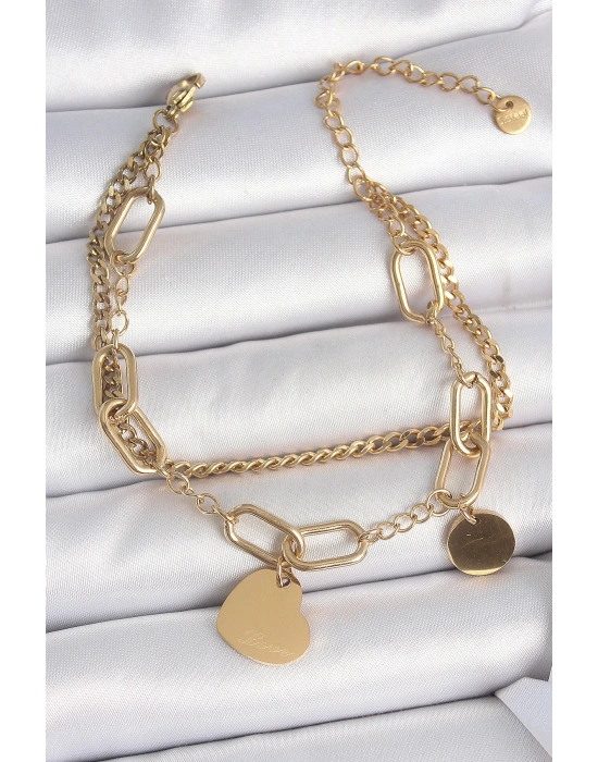 MuI MuI 316L Çelik Gold Renk 2Li Zincir Model Sallantı Kalp Figür Kadın Bileklik