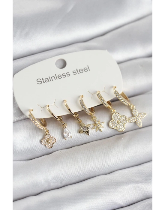 MuI MuI 316L Çelik Gold Renk 6lı Set Yonca Model Kadın Küpe