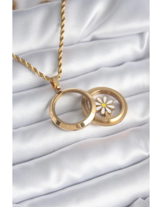 MuI MuI 316L Çelik Gold Renk Açılabilir Fanus Model Papatya Parçalı Kadın Kolye