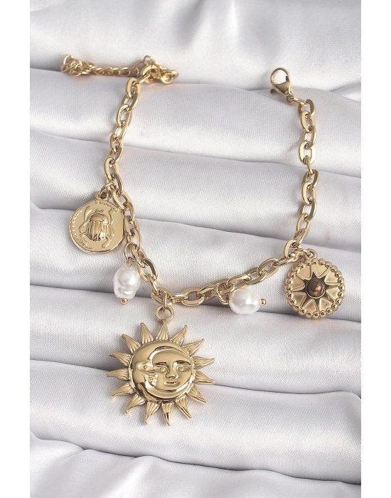 MuI MuI 316L Çelik Gold Renk Ay Güneş Model İnci Detay Kadın Bileklik