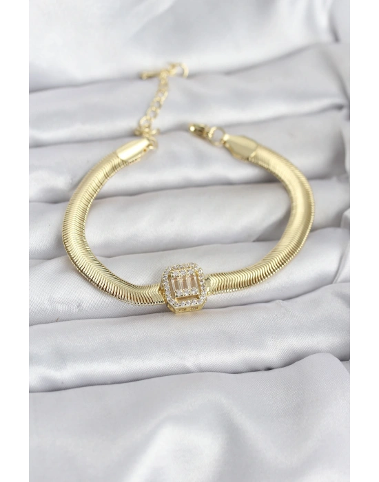 MuI MuI 316L Çelik Gold Renk Baget Zirkon Taşlı Yılan Zincirli Kadın Bileklik