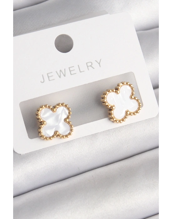 MuI MuI 316L Çelik Gold Renk Beyaz Minelik Yonca Model Kadın Küpe