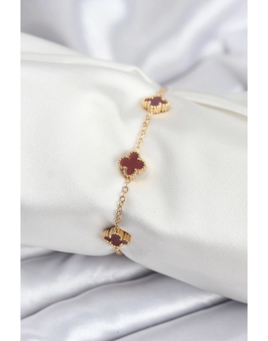 MuI MuI 316L Çelik Gold Renk Bordo Baby Boy Yonca Kadın Bileklik
