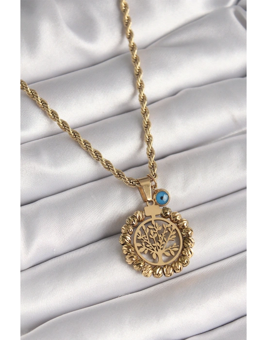 MuI MuI 316L Çelik Gold Renk Burgu Zincir Dorika Yaşam Ağacı Figür Nazar Boncuk Detay Kadın Kolye