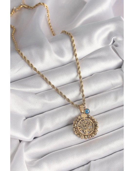 MuI MuI 316L Çelik Gold Renk Burgu Zincir Dorika Yaşam Ağacı Figür Nazar Boncuk Detay Kadın Kolye