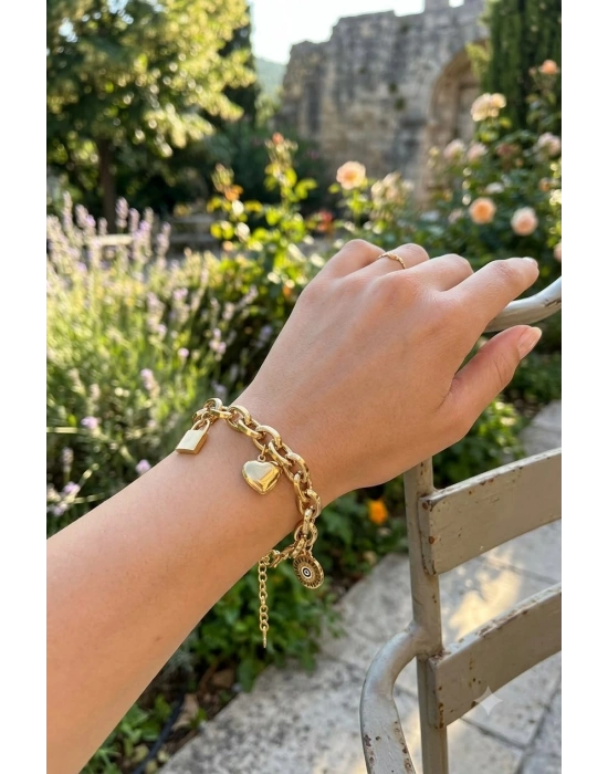 MuI MuI 316L Çelik Gold Renk Charmlı Kalın Burgu Model Kadın Bileklik