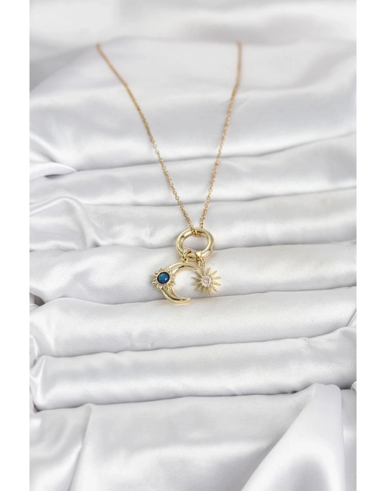 MuI MuI 316L Çelik Gold Renk Gece Gündüz Tema Charmlı Kadın Kolye