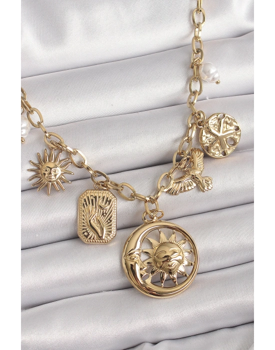 MuI MuI 316L Çelik Gold Renk Halka Zincir Sallantı Ay Güneş Figür Kuş Detay Kadın Kolye
