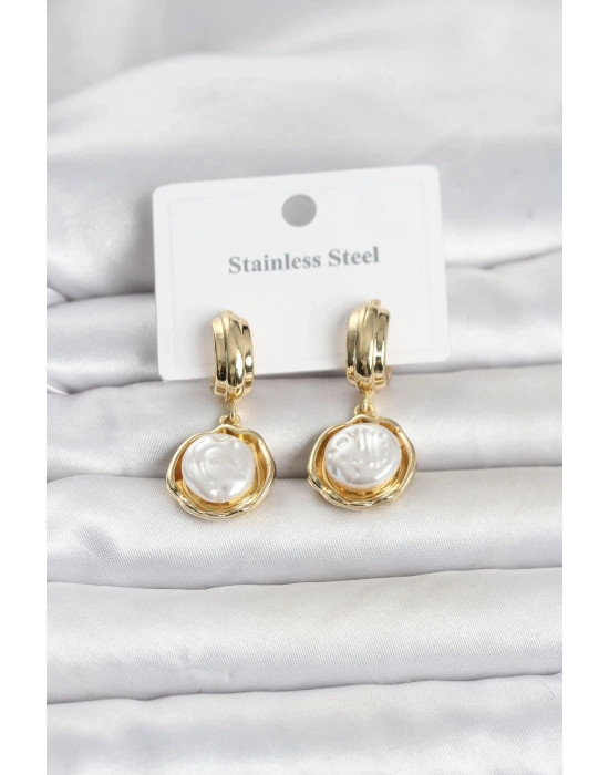MuI MuI 316L Çelik Gold Renk İnci Detaylı Kadın Küpe