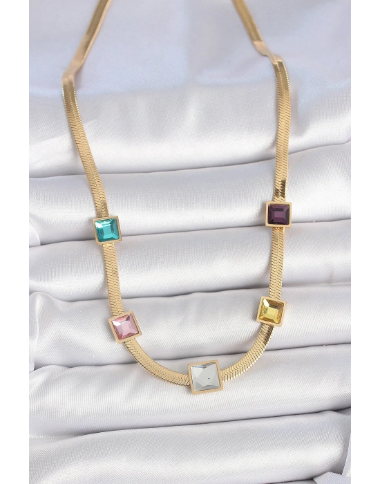 MuI MuI 316L Çelik Gold Renk İtalyan Zincir Model Kare Renkli Zirkon Taşlı Kadın Kolye