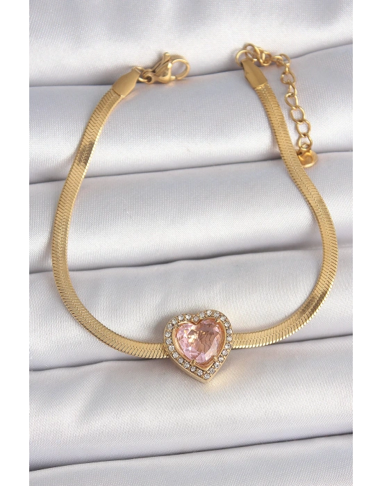 MuI MuI 316L Çelik Gold Renk İtalyan Zincir Pembe Zirkon Taşlı Kalp Model Kadın Bileklik