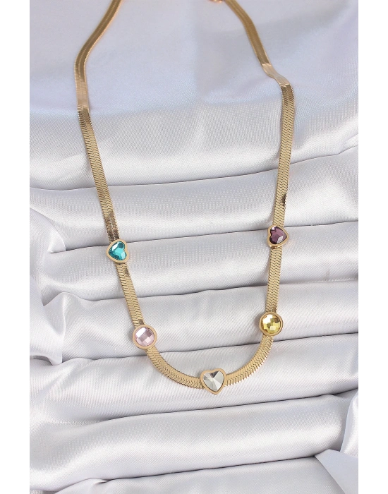 MuI MuI 316L Çelik Gold Renk İtalyan Zincir Renkli Zirkon Taşlı Kalp Figür Kadın Kolye