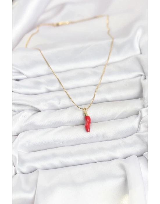 MuI MuI 316L Çelik Gold Renk Kapya Kırmızı Biber Model Kadın Kolye