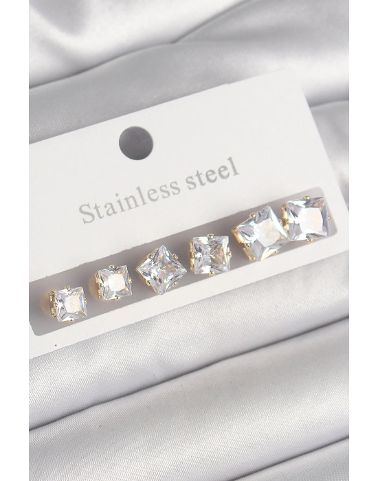 MuI MuI 316L Çelik Gold Renk Kare Zirkon Taş Model Kadın Küpe Seti