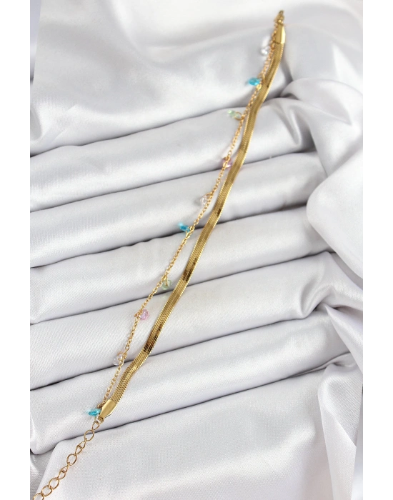 MuI MuI 316L Çelik Gold Renk Karışık Renkli Kristal Taşlı 2li Kadın Bileklik