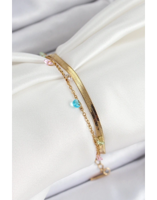 MuI MuI 316L Çelik Gold Renk Karışık Renkli Kristal Taşlı 2li Kadın Bileklik