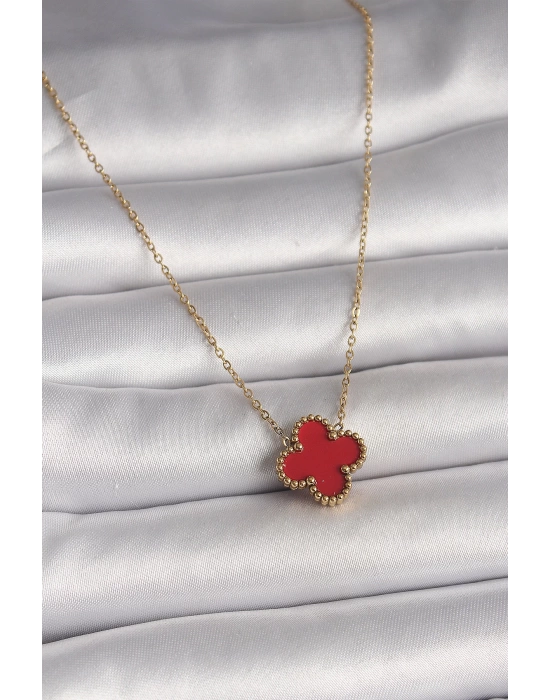 MuI MuI 316L Çelik Gold Renk Kırmızı Yonca Model Kadın Kolye
