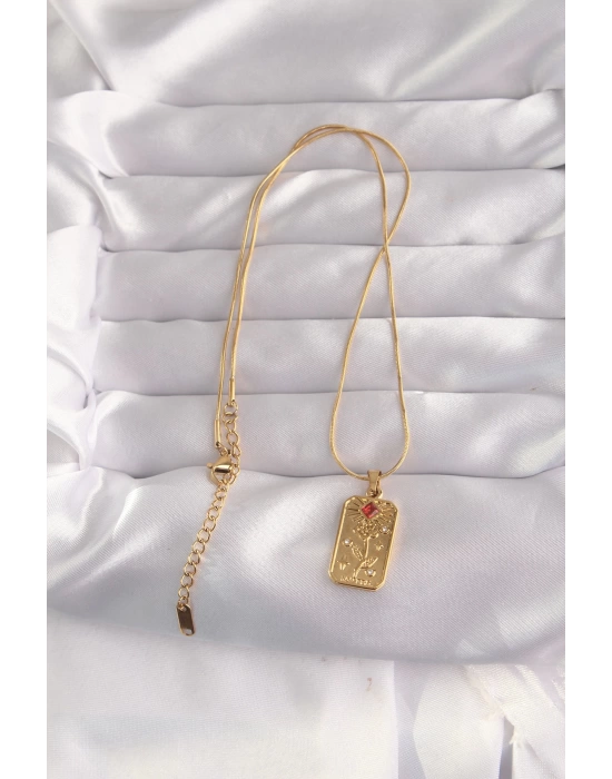 MuI MuI 316L Çelik Gold Renk Kırmızı Zirkon Taşlı Gül Model Vintage Kolye