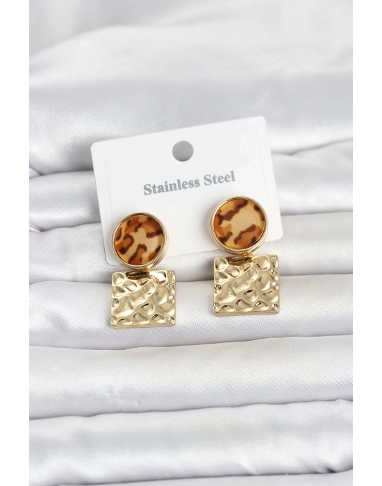 MuI MuI 316L Çelik Gold Renk Leopar Desenli Plaka Model Kadın Küpe