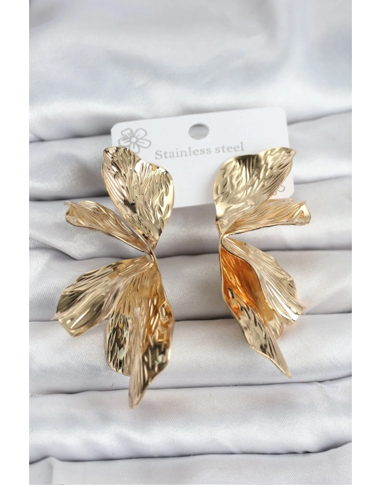 MuI MuI 316L Çelik Gold Renk Lotus Yaprak Kadın Küpe