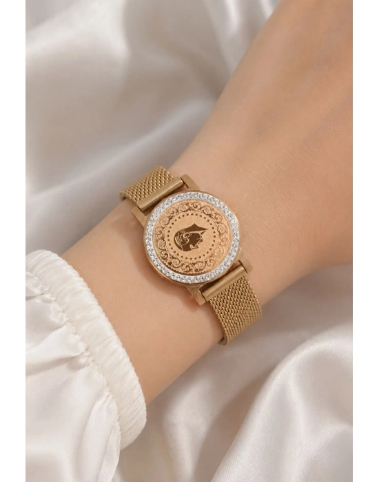 MuI MuI 316L Steel Gold Color Magnetic Mesh Zircon Stone Quarter Gold Model Womens Bracelet