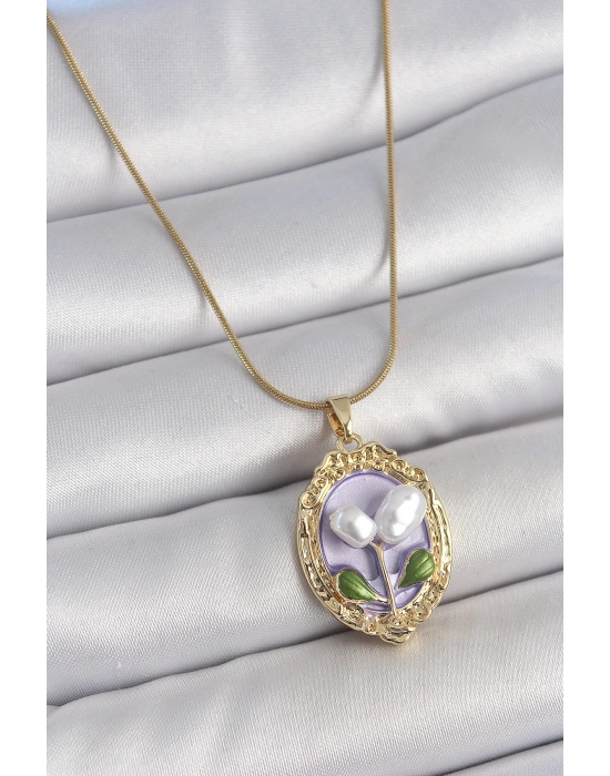 MuI MuI 316L Çelik Gold Renk Mor İncili Çiçek İşlemeli Portre Model Kadın Kolye