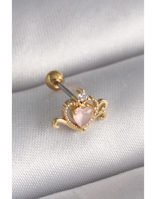 MuI MuI 316L Çelik Gold Renk Pembe Mineli Kalp Zirkon Taş Detay Tragus Piercing