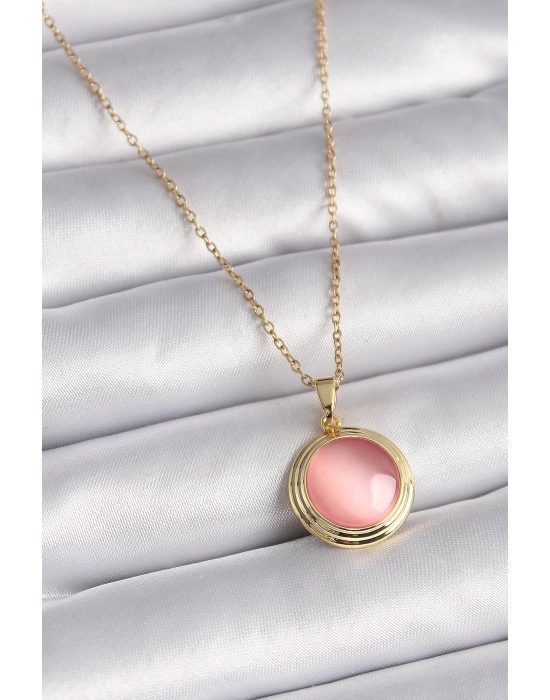 MuI MuI 316L Çelik Gold Renk Pembe Sedefli Daire Model Kadın Kolye