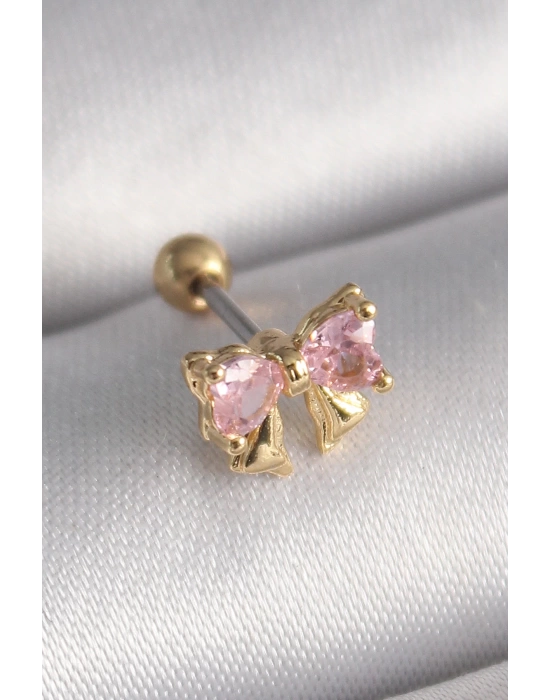 MuI MuI 316L Çelik Gold Renk Pembe Zirkon Taşlı Fiyonk Tragus Piercing