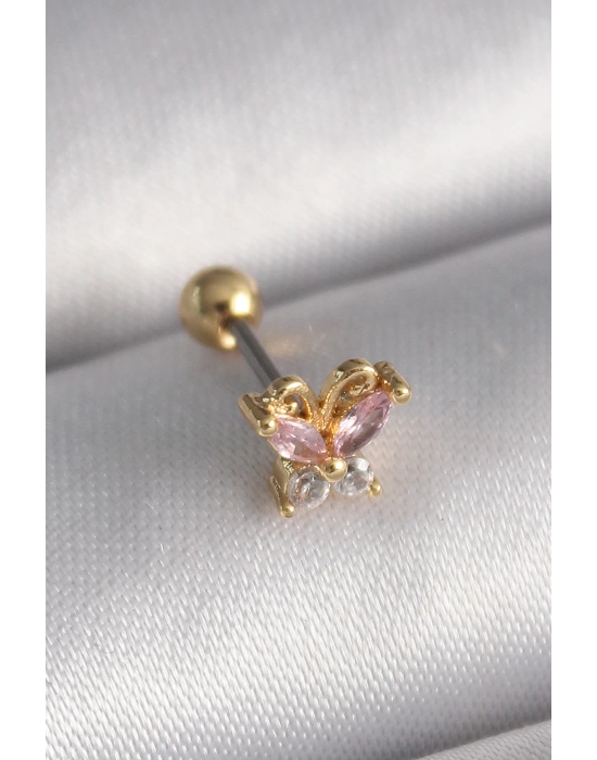 MuI MuI 316L Çelik Gold Renk Pembe Zirkon Taşlı Kelebek Tragus Piercing