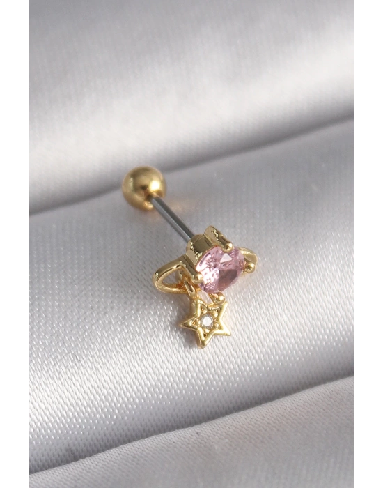 MuI MuI 316L Çelik Gold Renk Pembe Zirkon Taşlı Sallantı Yıldız Detay Tragus Piercing