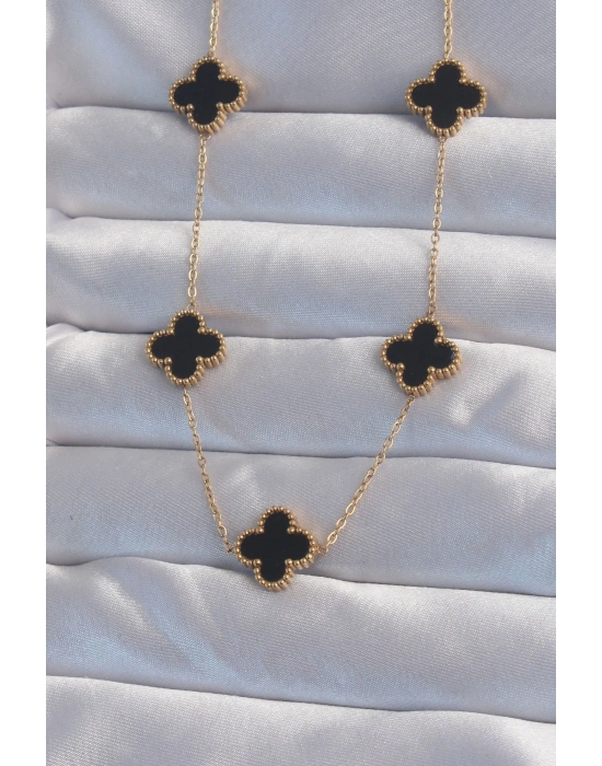 MuI MuI 316L Çelik Gold Renk Siyah Mineli Yonca Kolye