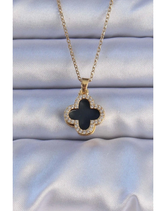 MuI MuI 316L Çelik Gold Renk Siyah Mineli Zirkon Taşlı Yonca Figürlü Kolye