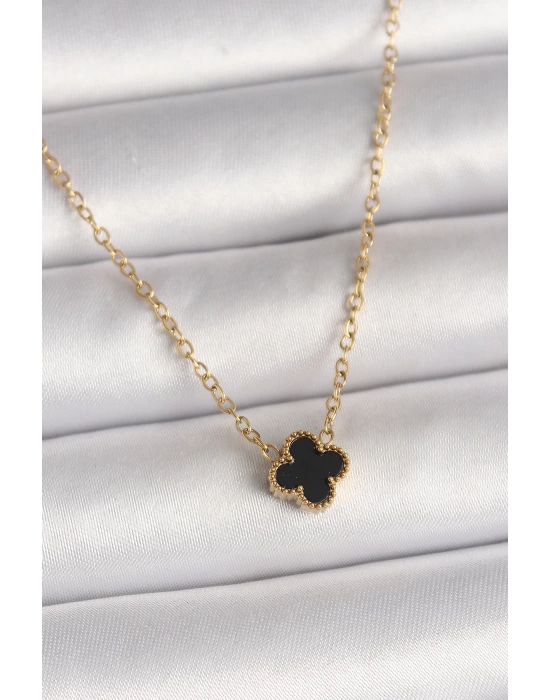 MuI MuI 316L Çelik Gold Renk Siyah Yonca Model Kadın Kolye