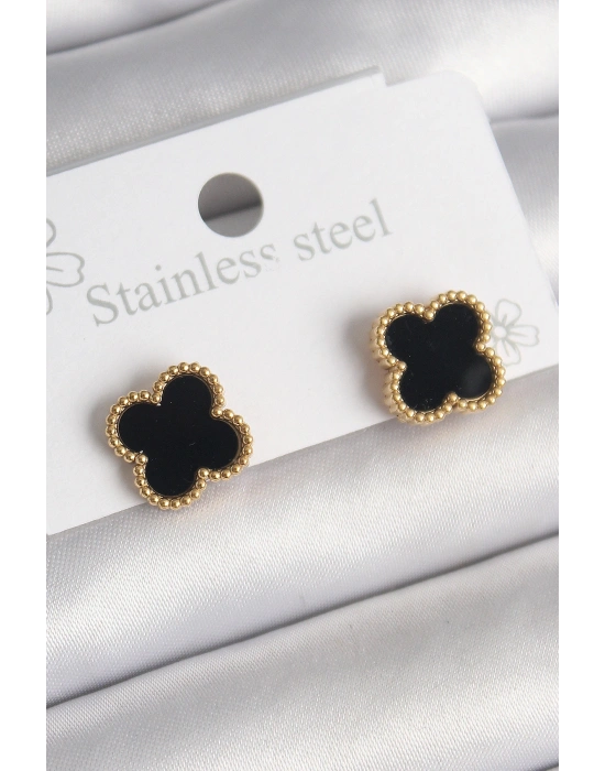 MuI MuI 316L Çelik Gold Renk Siyah Yonca Model Kadın Küpe