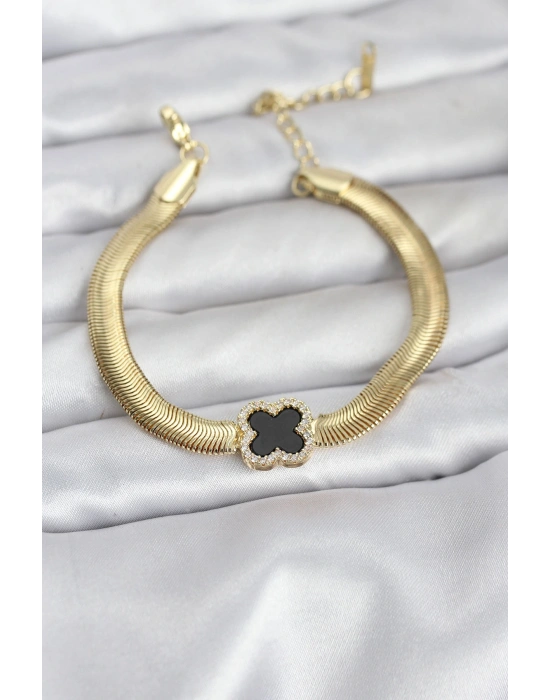 MuI MuI 316L Çelik Gold Renk Siyah Yonca Model Zirkon Taşlı Yılan Zincirli Kadın Bileklik