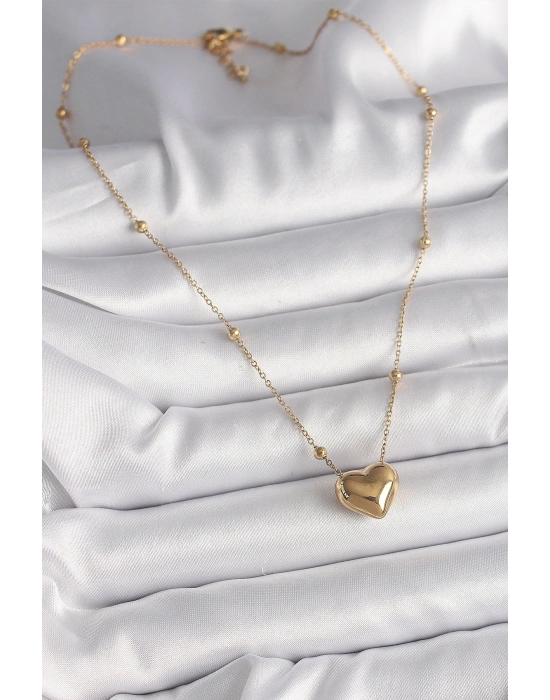 MuI MuI 316L Çelik Gold Renk Topçuk Detaylı Zincir Kalp Model Kadın Kolye