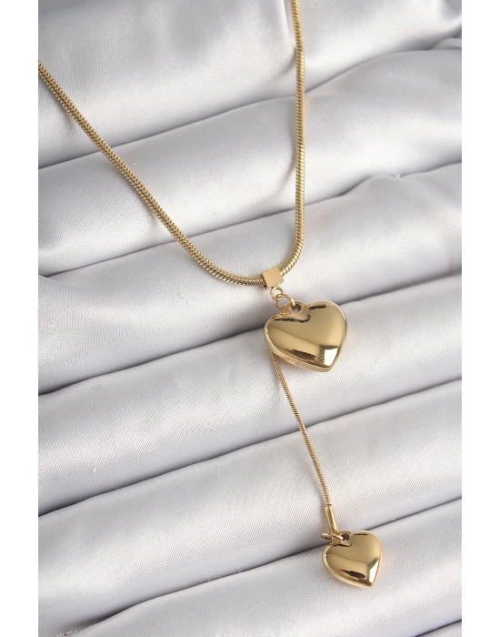 MuI MuI 316L Çelik Gold Renk Tüp Zincir Model 3D Sallantı Kalp Model Kadın Kolye