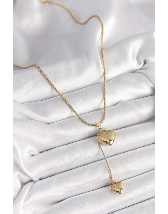 MuI MuI 316L Çelik Gold Renk Tüp Zincir Model 3D Sallantı Kalp Model Kadın Kolye