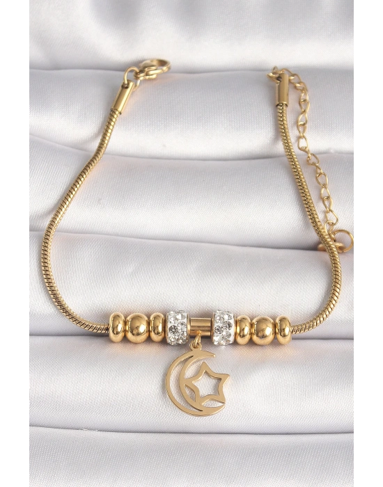 MuI MuI 316L Çelik Gold Renk Tüp Zincir Zirkon Taş Detaylı Sallantı Ay Yıldız Figür Kadın Bileklik