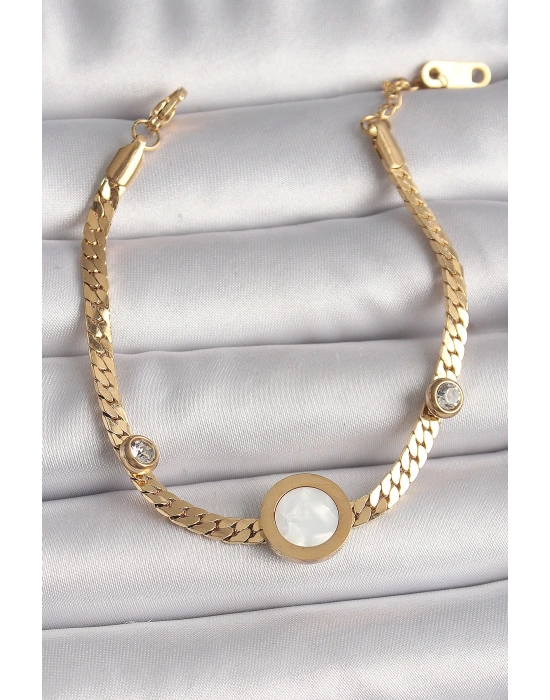 MuI MuI 316L Çelik Gold Renk Yassı Zincir Model Zirkon Taş Detaylı Beyaz Mineli Madalyon Model Kadın Bileklik