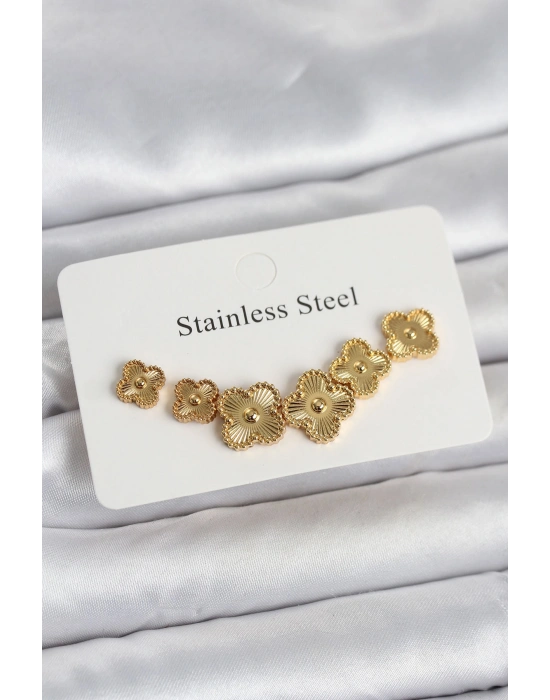 MuI MuI 316L Çelik Gold Renk Yonca Küpe Seti