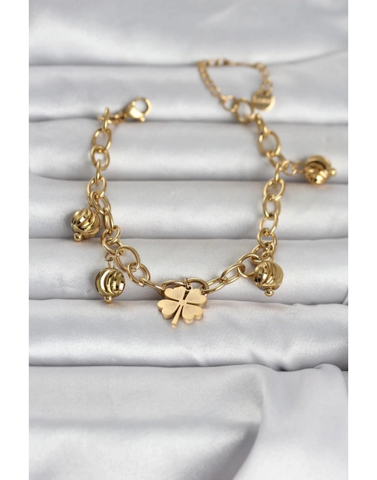 MuI MuI 316L Çelik Gold Renk Yonca ve Dorikalı Kadın Bileklik
