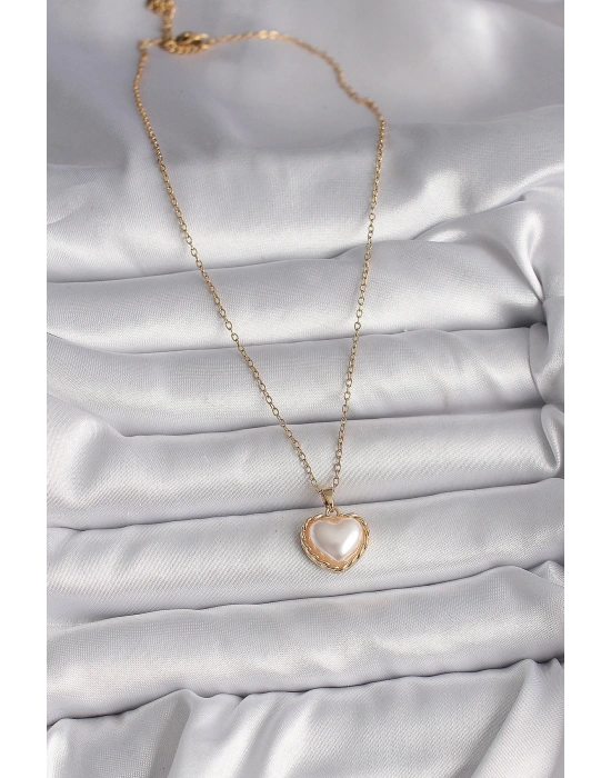 MuI MuI 316L Çelik Gold Renk Zincir 3D İnci Kalp Model Kadın Kolye