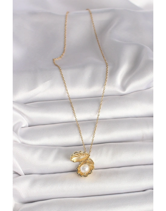 MuI MuI 316L Çelik Gold Renk Zincir Açılır İncili Midye Model Kadın Kolye