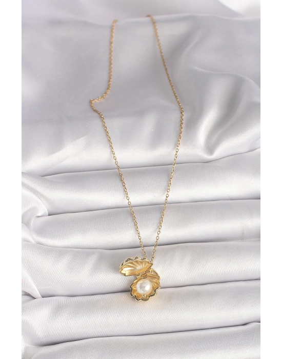 MuI MuI 316L Çelik Gold Renk Zincir Açılır İncili Midye Model Kadın Kolye