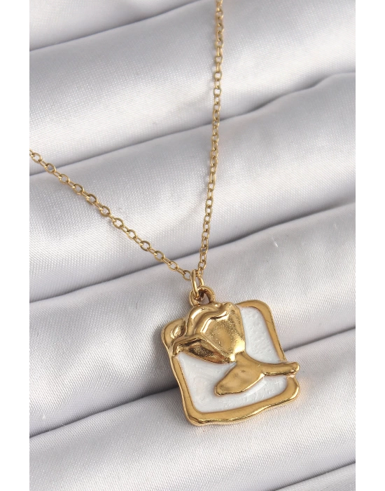 MuI MuI 316L Çelik Gold Renk Zincir Beyaz Mineli Gül Portre Model Kadın Kolye