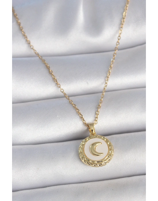 MuI MuI 316L Çelik Gold Renk Zincir Beyaz Mineli Hilal İşlemeli Madalyon Model Kadın Kolye