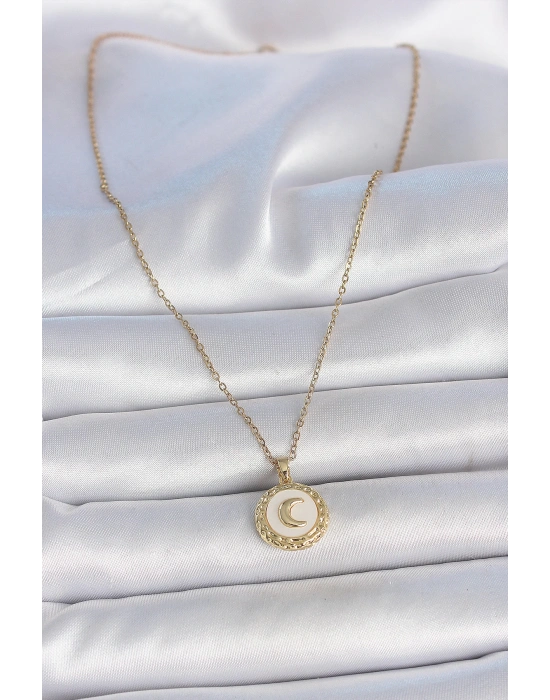 MuI MuI 316L Çelik Gold Renk Zincir Beyaz Mineli Hilal İşlemeli Madalyon Model Kadın Kolye